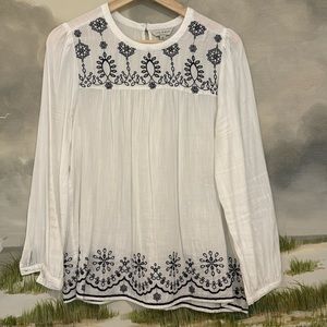 Lucky Brand Blouse, White Flowy with Navy Detail | Size M